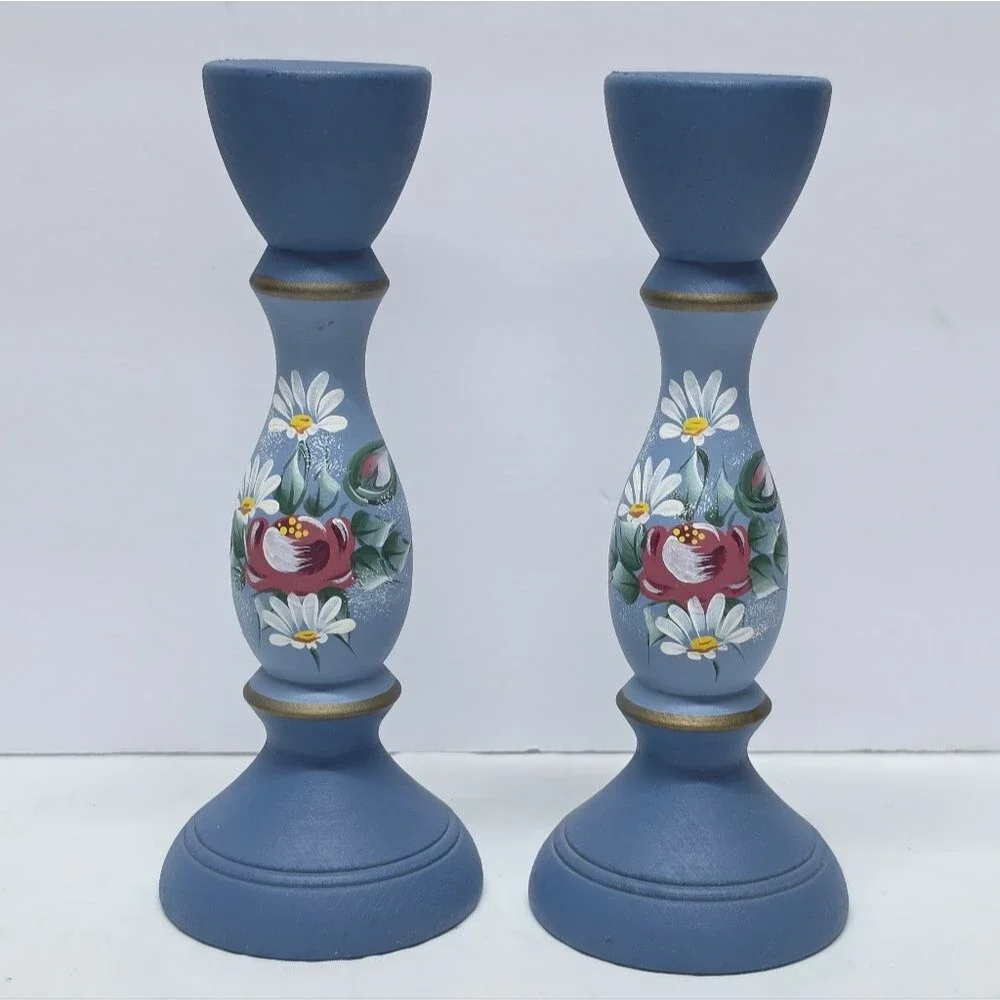 Vintage Swedish Handpainted Blue Floral Wooden Candlestick Holders Set Folk Art
